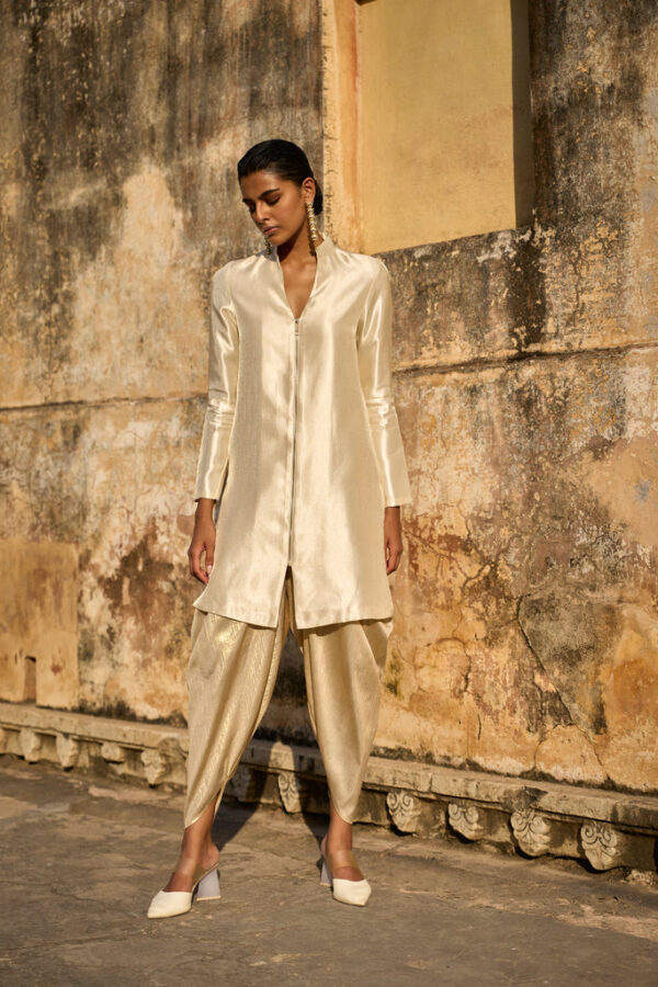 Ivory Structured Longline Top & Light Gold Cowled Pant