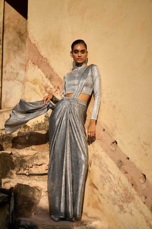 Silver Knitted Shirt and Sari Skirt