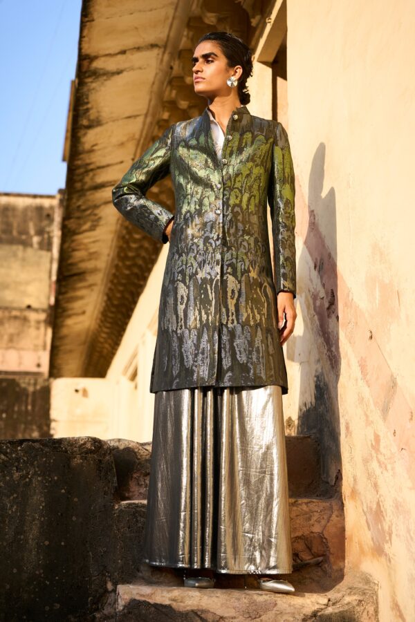 Brocade Jacket and Fit & Flare Silver Skirt - Image 3