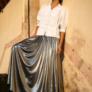 Tie Front Shirt and Fit & Flare Silver Skirt