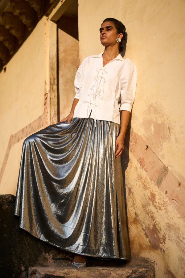 Tie Front Shirt and Fit & Flare Silver Skirt