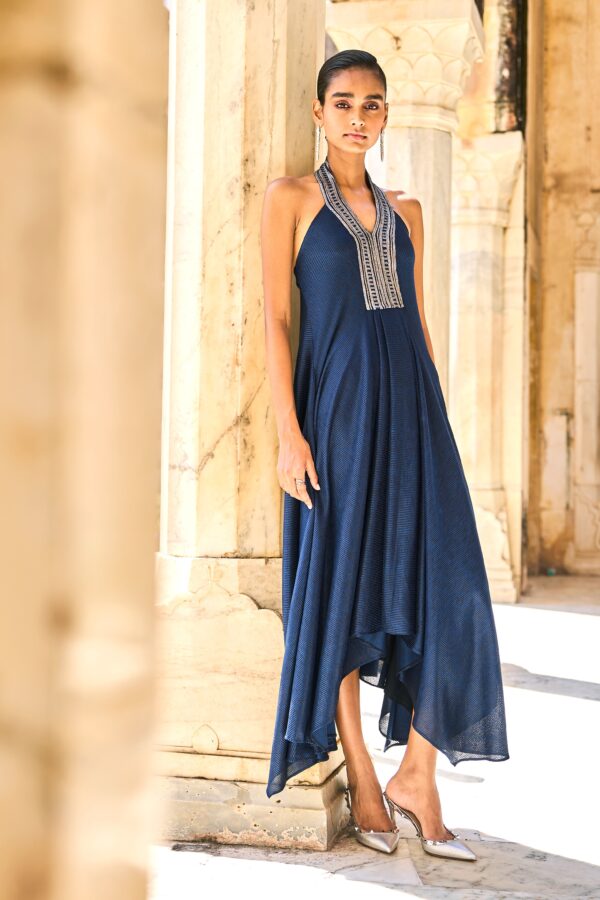 Embroidered Halter Metallic Maxi