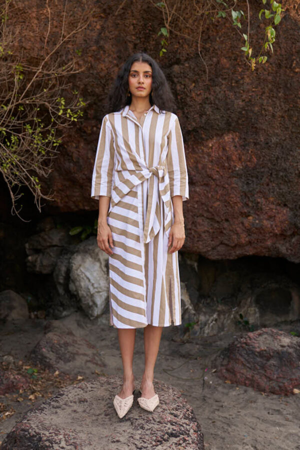 Side Tie Striped Shirt Dress - Image 3