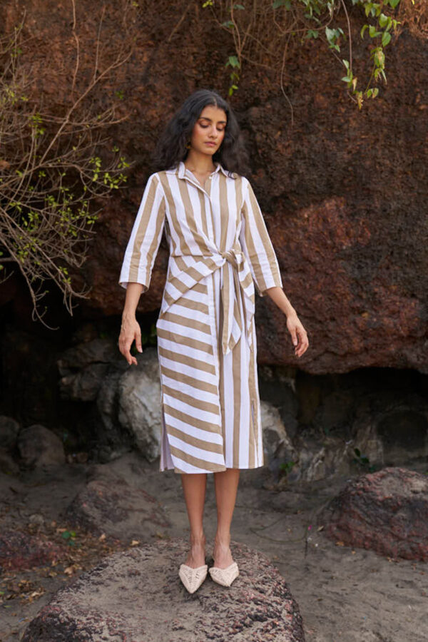 Side Tie Striped Shirt Dress - Image 4
