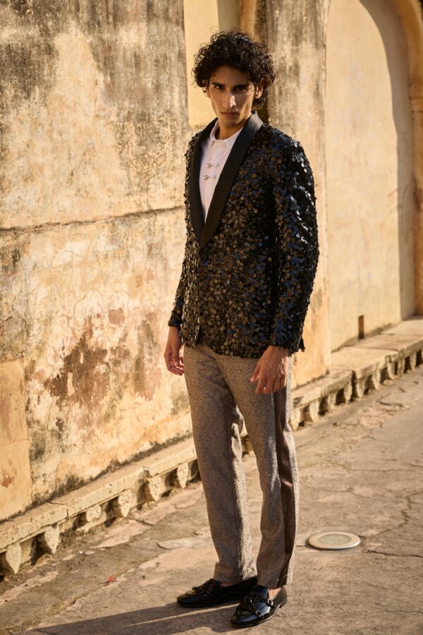 Sequin Jacket, Metallic Pant and Brooch Shirt