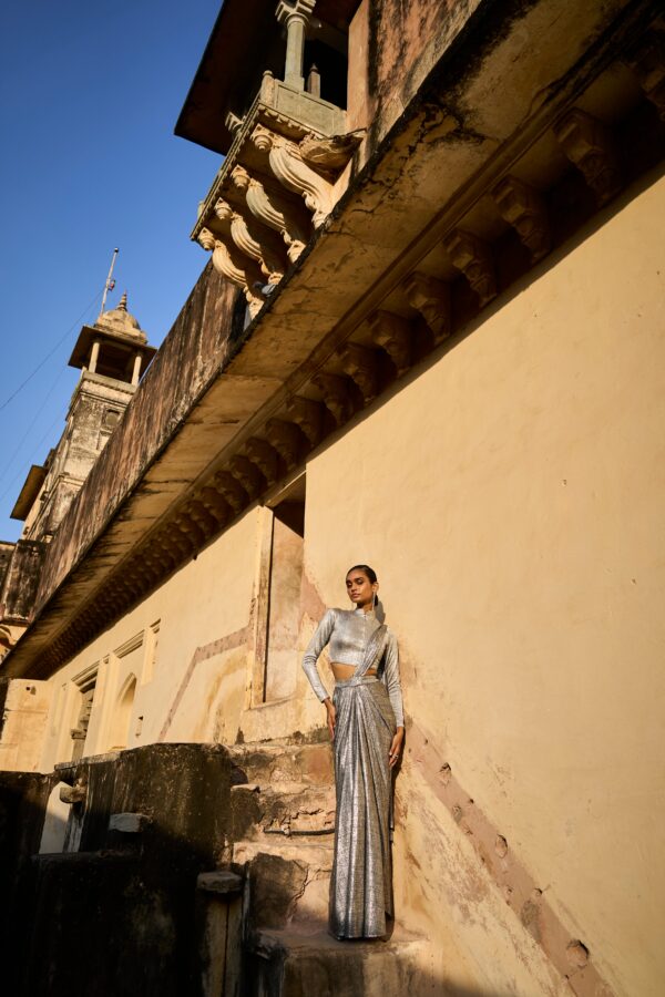 Silver Knitted Shirt and Sari Skirt - Image 2