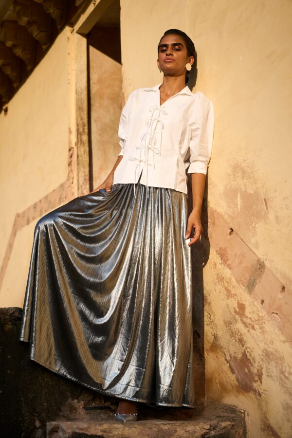 Tie Front Shirt and Fit & Flare Silver Skirt - Image 5