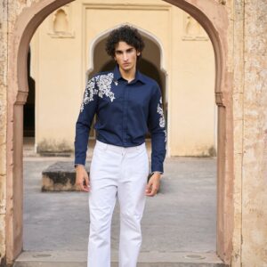 Placement Embroidered Shirt and Tapered White Jean
