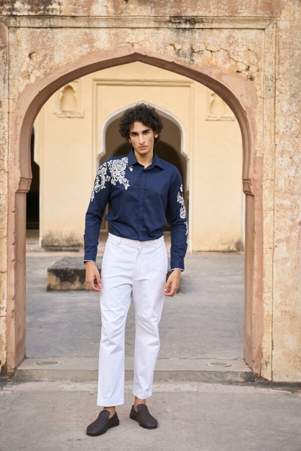 Placement Embroidered Shirt and Tapered White Jean
