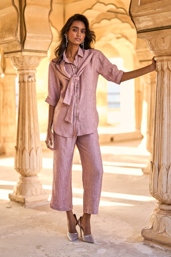 Crinkled Lamé Front Tie Shirt - Image 3