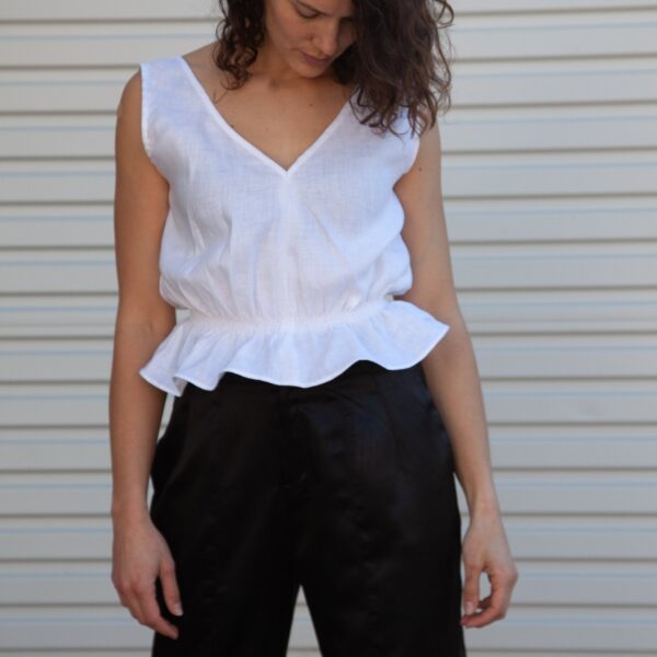 Lani Shirred Waist Top - White Linen Herringbone - Image 8