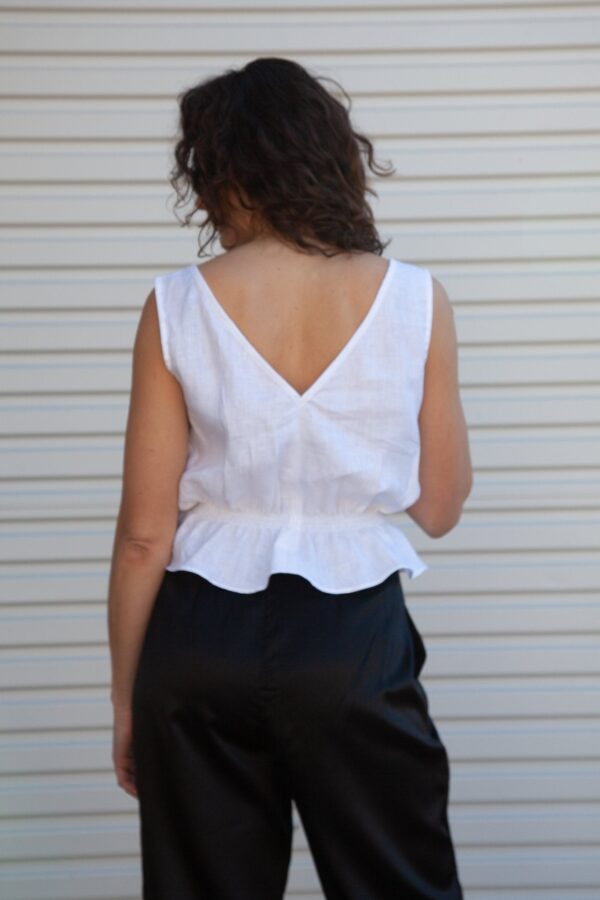 Lani Shirred Waist Top - White Linen Herringbone - Image 3