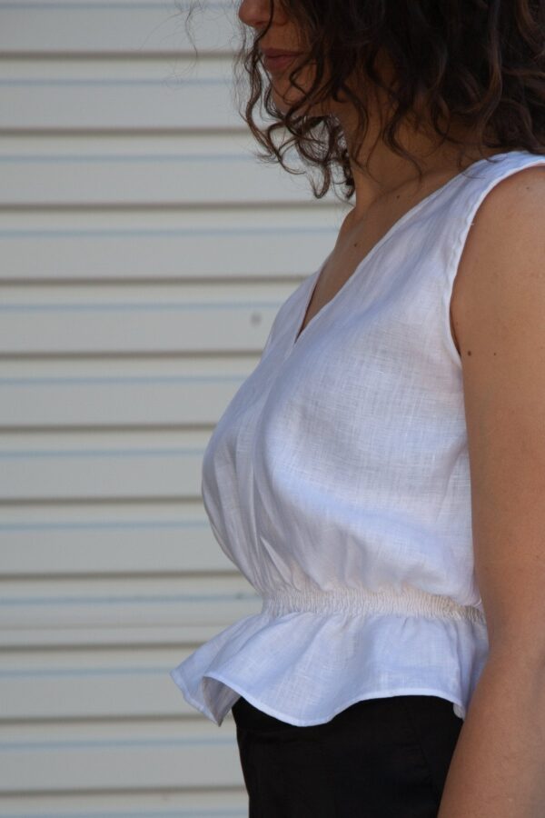 Lani Shirred Waist Top - White Linen Herringbone - Image 6