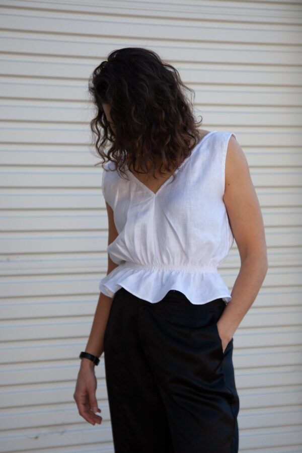 Lani Shirred Waist Top - White Linen Herringbone - Image 2