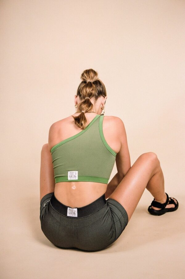 One Shoulder Bodice Crop - Green Moss Rib - Image 9