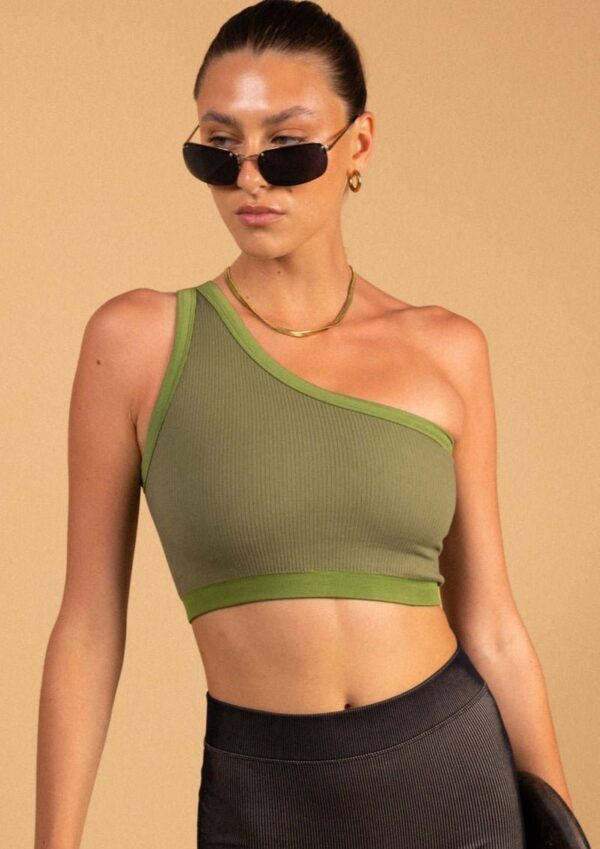 One Shoulder Bodice Crop - Green Moss Rib - Image 2