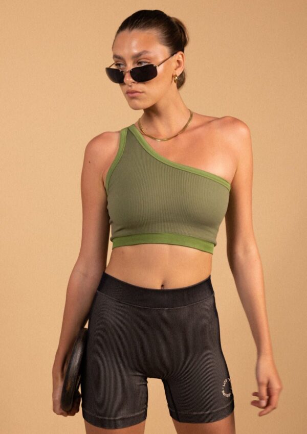 One Shoulder Bodice Crop - Green Moss Rib - Image 5