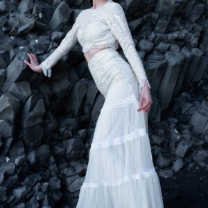 White on White Embroidered Flared Tulle Skirt
