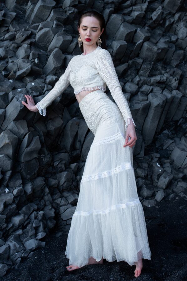 White on White Embroidered Flared Tulle Skirt