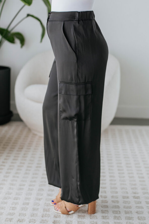 Adara Satin Cargo Pants - Black - Image 2