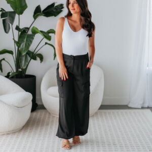Adara Satin Cargo Pants - Black