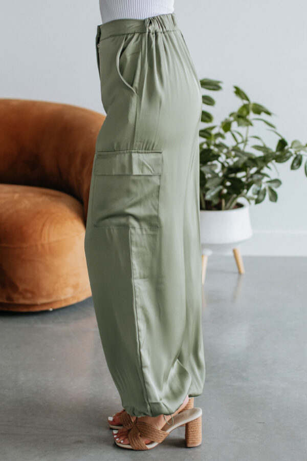 Adara Satin Cargo Pants - Olive - Image 2