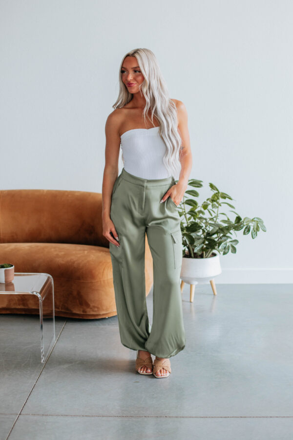 Adara Satin Cargo Pants - Olive - Image 3