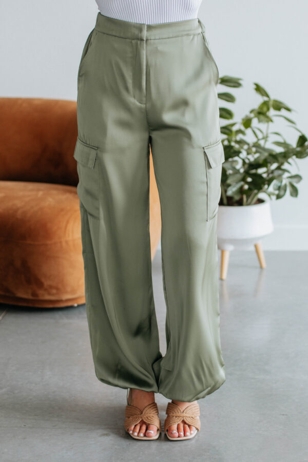 Adara Satin Cargo Pants - Olive - Image 4