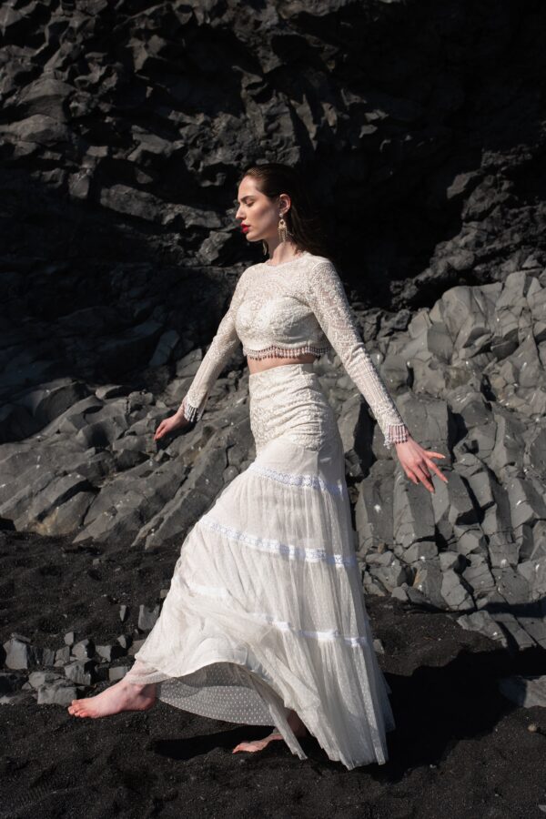 White on White Embroidered Flared Tulle Skirt - Image 5