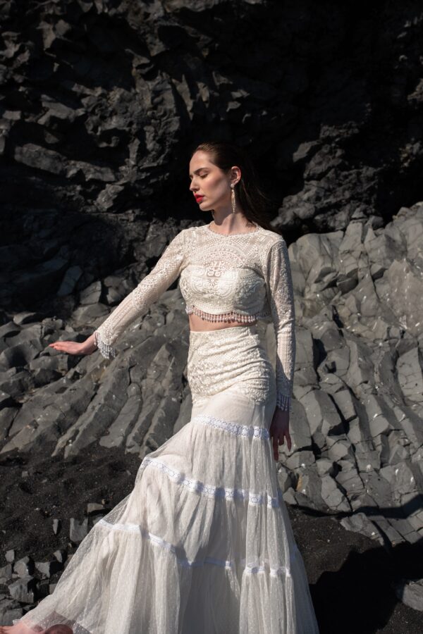 White on White Embroidered Flared Tulle Skirt - Image 4