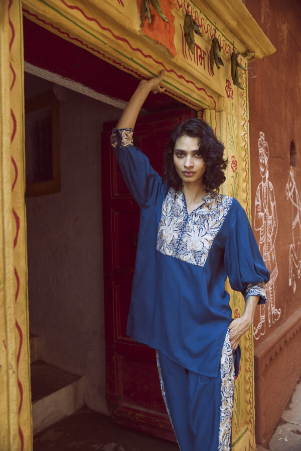 Embroidered Teal Pant Set