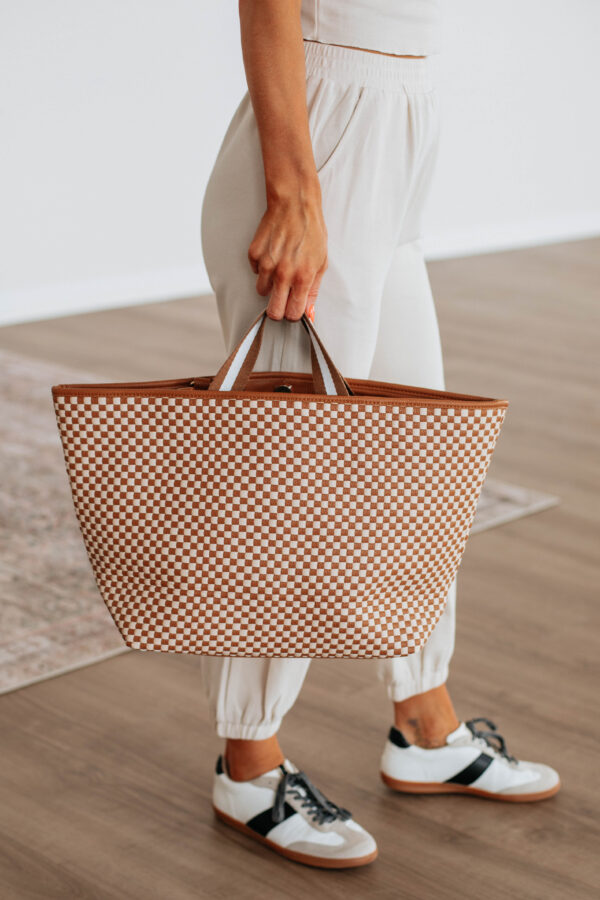 Keeley Checkered Tote Bag - Cognac - Image 4