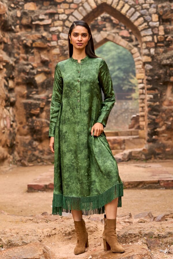 Jacquard Fringe Midi Shirt Dress