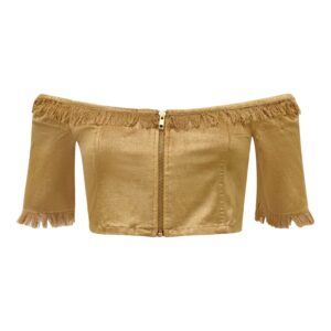Off the Shoulder Gold Velvet Crop Top with 3/4 Sleeves Harmonia