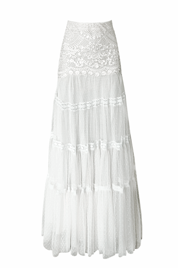 White on White Embroidered Flared Tulle Skirt - Image 2