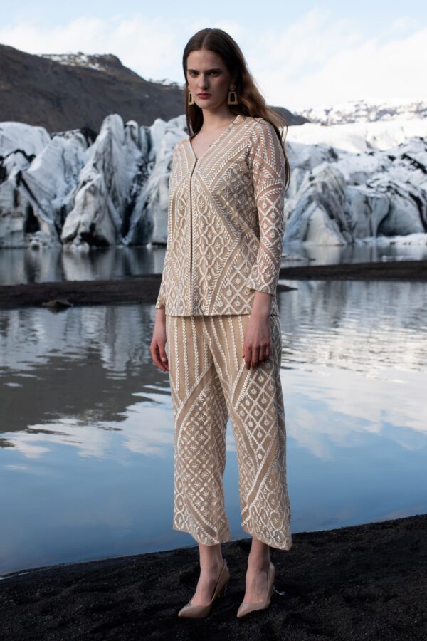 White on Nude Embroidered Pant